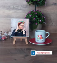 Unicorn Fotoğraflı Dekoratif Taş, Ahşap Altlıklı Türk Kahvesi Fincanı Hediye (Model 3)