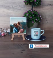 Babalar Günü Hediyesi Fotoğraflı Dekoratif Taş, Ahşap Altlıklı Türk Kahvesi Fincanı Hediye (Model 4)