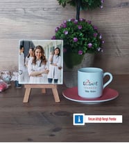 Eczane Teknikeri Fotoğraflı Dekoratif Taş, Ahşap Altlıklı Türk Kahvesi Fincanı Hediye (Model 6)