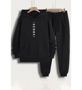 Unisex Moon Phases Baskılı Eşofman Takımı (Siyah)