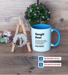 Arkadaşa Hediye Kupa Bardak Beyaz ve Fotoğraflı Ahşap Anahtarlık Hediye (Model 4)