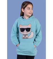 Toontoy Kız Çocuk Kedi Desenli Taş İşlemeli Kanguru Cepli Sweatshirt (Yeşil)