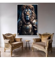 Metal Çerçeveli Temperli Cam Tablo Zırhlı Aslan (Gümüş)