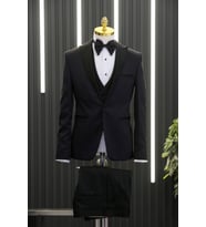 Slimfit (Skinny Kesim) Desenli Sivri Sabit Yaka Yelekli Papyonlu Smokin Takım Elbise (Mor)
