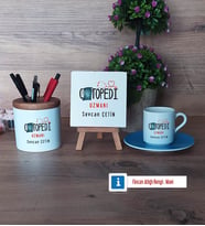 Ortopedi Uzmanı Hediye Seti Dekoratif Taş, Kalemlik, Ahşap Altlıklı Türk Kahvesi Fincanı Hediye (Model 5)