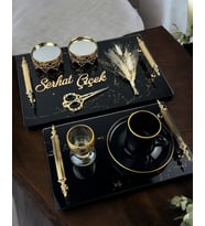 Heartfelt Siyah Desenli Cam Söz Tepsisi (Mavi)