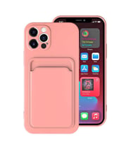 iPhone 12 Pro Max Kılıf ​​Kartlıklı Silikon Dikişli Deri Görünüm (Pembe)
