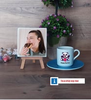 Sevimli Panda Fotoğraflı Dekoratif Taş, Ahşap Altlıklı Türk Kahvesi Fincanı Hediye (Model 5)