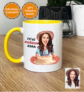 Kişiye Özel Karikatürlü Doğum Günü Hediyesi Kupa Bardak Kadın Sevgiliye Babaya Abiye Doğum Günü Hediyesi (Sarı)
