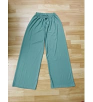 Betimoda Kadın Beli Lastikli Bol Paça Oversize Bürümcük Kumaş Uzun Hardal Pantolon (Mint Yeşili)