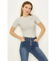 Kadın Kısa Kollu Kaşkorse Alttan Çıtçıtlı Body (Gri)