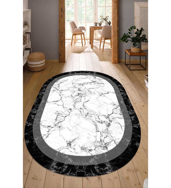 Dijital Baskılı Kaymaz Taban Yıkanabilir Oval Salon Halısı Mutfak Halısı Yolluk NDO-HT-806 (Gri)