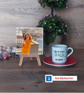Halaya Hediye Fotoğraflı Dekoratif Taş, Ahşap Altlıklı Türk Kahvesi Fincanı Hediye (Model 3)