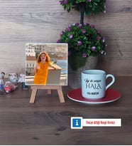Halaya Hediye Fotoğraflı Dekoratif Taş, Ahşap Altlıklı Türk Kahvesi Fincanı Hediye (Model 3)