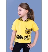 Toontoy Kız Çocuk Cep Detaylı Kapüşonlu Baskılı Tişört (Sarı)
