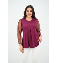 Kadın Büyük Beden Pileli V Yaka Tül Detaylı Bluz 1857-25 (Bordo)