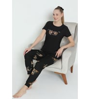 Mr 1401 Pegasus Likralı Kumaş Kısa Kollu Leoparlı Kadın Pijama Takımı (Siyah)