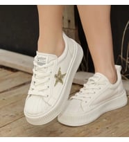 Günlük Kadın Sneaker Bağcıklı Yıldız Detaylı Yüksek Taban Simli Ayakkabı 7100 (Bej)
