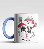 Kişiye Özel Mutlu Yıllar Kardan Adam Tasarımlı Siyah Kupa (Mavi)