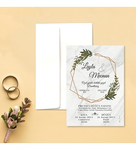 Davetiye Zarf ve Baskı Dahil (Beyaz yada Kraft Zarflı) Çiçekli Mermer Desenli Tasarım Düğün, Nikah, Kına Nişan Davetiyesi (Beyaz)