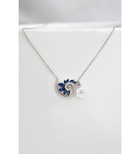 Papatya Silver 925 Ayar Gümüş Lacivert Taşlı Tasarım Sedef Manolya Çiçeği Kolye (Rodyum)