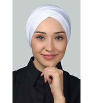 Dört Bantlı Çapraz Dış Tesettür Bonesi Hazır Türban Penye (Beyaz)