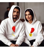 Sevgililer Günü Kombin Erkek Kadın Kalp Kilidi Görselli Kapüşonlu Hoodie Sweatshirt 7016 (Beyaz)