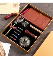 Kişiye Özel Hediye Retro Tüylü Dolma Kalem Mühür Ve Not Defteri Seti (Koyu Kırmızı)