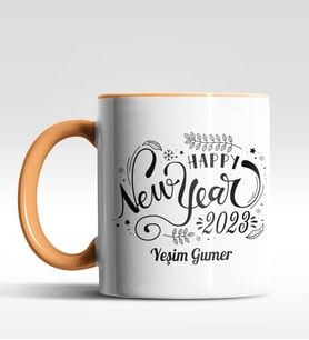 Kişiye Özel Happy New Year 2022 Tasarımlı Siyah Kupa (Turuncu)