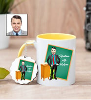 Karikatürlü Erkek Öğretmene Özel Kupa Bardak ve Anahtarlık (Sarı)