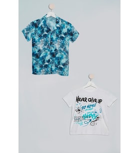2'li Nokta Baskılı Gömlek Tshirt Saks Takım (Saks)