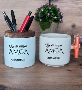 İyi Ki Varsın Amca Hediye Sepeti Kupa Bardak T Kulplu, Kalemlik Hediyeleri Amcaya Doğum Günü Hediyesi (Model 7)