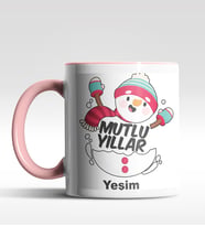 Kişiye Özel Mutlu Yıllar Kardan Adam Tasarımlı Siyah Kupa (Pembe)