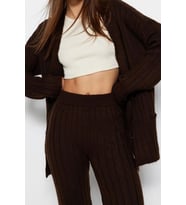 Tarz Kadın Modern Moda Normal Bel Geniş Paça V Yaka Geniş Kalıp Yumuşak Dokulu Triko Alt-Üst Takım (Kahverengi)