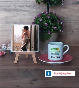 Petrol ve Doğalgaz Mühendisi Fotoğraflı Dekoratif Taş, Ahşap Altlıklı Türk Kahvesi Fincanı Hediye (Model 6)