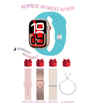 Samsung Galaxy M31 Prime Uyumlu Açık Mavi Akıllı Saat Watch 10 Mini Kordon Hediyeli AMOLED EKRAN 41MM (Pembe-Turkuaz)