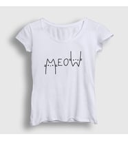 Presmono Kadın Sarı Meow Cat Kedi T-Shirt 407453tt (Beyaz)