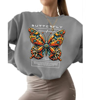 bisiklet yaka Bej unisex kadın Sweatshirt Kelebek tasarımı Baskılı 3 iplik şardonlu kalın (Gri)