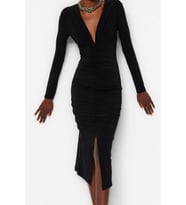 Moda Stil Slim V Yaka Midi Boy Drapeli Fitted Vücuda Oturan Esnek Örme Kalem Elbise (Siyah)
