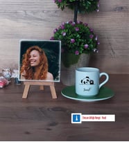 Sevimli Panda Fotoğraflı Dekoratif Taş, Ahşap Altlıklı Türk Kahvesi Fincanı Hediye (Model 9)