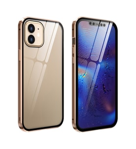 İPhone 12 Mıknatıslı 360 Derece Ön ve Arka Cam Full Korumalı Manyetik Kılıf (Gold)