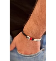 %100 Deri&Krom Kombin Erkek Bileklik NET 22cm (Türk El Üretimi) (Siyah - Beyaz)