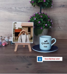 Groom Fotoğraflı Dekoratif Taş, Ahşap Altlıklı Türk Kahvesi Fincanı Hediye (Model 4)