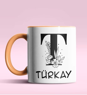 Kişiye Özel T Harfi Romantik Tasarım Siyah Renk Kupa (Turuncu)