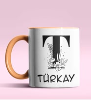 Kişiye Özel T Harfi Romantik Tasarım Siyah Renk Kupa (Turuncu)