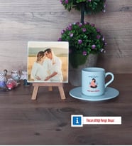 Anne Adayı Fotoğraflı Dekoratif Taş, Ahşap Altlıklı Türk Kahvesi Fincanı Hediye (Model 2)