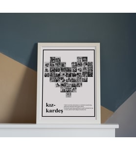 KIZ KARDEŞ YAZILI KALP KOLAJ ÇERÇEVE (SİYAH BEYAZ) (Beyaz)