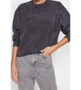 Regular Bisiklet Yaka Düşük Kol Regular Eskitme Kalın İçi Polarlı İnci Detaylı Örme Sweatshirt (Antrasit)