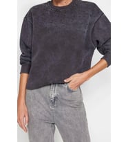 Regular Bisiklet Yaka Düşük Kol Regular Eskitme Kalın İçi Polarlı İnci Detaylı Örme Sweatshirt (Antrasit)