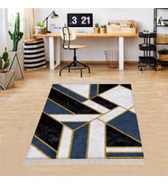Geometrik Desenli Gold Şeritli Dijital Baskı Yıkanabilir Kaymaz Taban Modern Salon Halısı (Siyah)